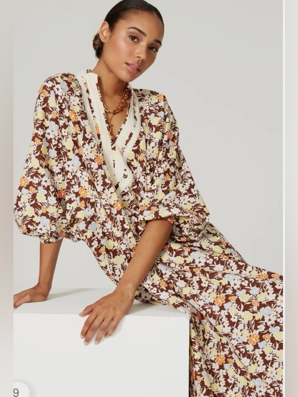 Tory Burch Brown Floral V‑Neck CottonCaftan with Cream eTrim